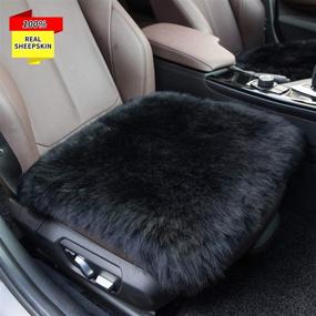 img 4 attached to Sheepskin Seat Cushion Cover - Winter Warm, Natural Wool Car Seat Covers - Universal Fit for Front Seats in Most Cars, Trucks, SUVs, Vans - Color: Black