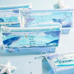 img 3 attached to Sparkling Blue Ocean Blue Whale Sequins Drift Pencil Bags - Transparent Pencil Case Stationery Pouch Bag with TPU Makeup Storage - Style B