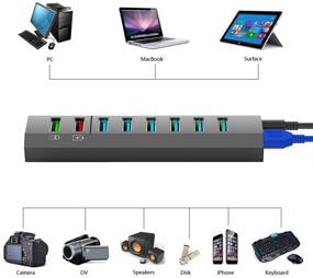 img 3 attached to 🔌 КООТИОН 8-портовый USB 3.0 хаб с блоком питания - 6 высокоскоростных портов для передачи данных USB3.0, 1 порт для быстрой зарядки BC1.2, 1 порт для быстрой зарядки - серый