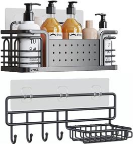 img 4 attached to 🚿 Premium VNKZI Stainless Steel Shower Caddy Basket Shelf: No Drilling Rustproof Wall Mounted Organizer with Hooks for Bathroom Toilet Kitchen Storage