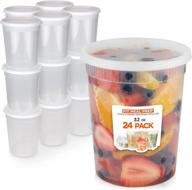 24 pack of leak proof, airtight, and microwave/dishwasher safe food storage containers with lids - round plastic deli cups, us made, 32 oz (quart size), stackable, reusable - white логотип