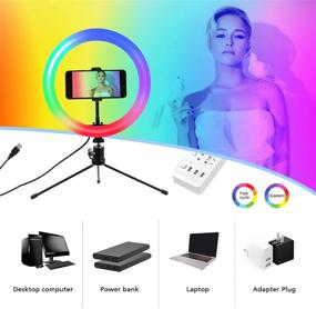 img 2 attached to 🌈 10,2-дюймовая кольцевая лампа с подставкой, держателем для телефона и пультом дистанционного управления - LTRINGYS кольцевая светодиодная лампа для макияжа с 26 цветами RGB-вспышек, диммируемая настольная кольцевая лампа для стриминга (разноцветная)