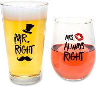 hilarious wedding gifts - mr. right and mrs. always right novelty wine and beer glass set - perfect engagement gift for couples with a sense of humor logo