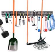 🔧 adjustable wall mount tool storage system for garage organization, garden tools organizer rack, heavy duty yard tool hanger for mop, shovel, rake, broom with three rails and fifteen hooks logo