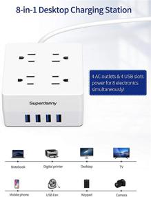 img 3 attached to 💡 White USB Power Strip Surge Protector - SUPERDANNY Mountable Charging Station with 4 Spaced AC Outlets &amp; 4 Smart USB Ports, 5ft Desktop Extension Cord for Home Office Hotel Dorm Room RV