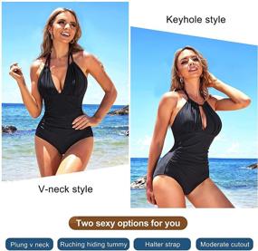 img 3 attached to 👙 QACIVIQ Women's V-Neck Halter One-Piece Swimsuit: Tummy Control, Ruched Design, Padded Push-Up Bathing Suit