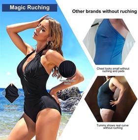img 1 attached to 👙 QACIVIQ Women's V-Neck Halter One-Piece Swimsuit: Tummy Control, Ruched Design, Padded Push-Up Bathing Suit
