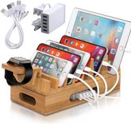 bambumate bamboo charging station: 7 slot wood docking electronic organizer with 5port usb charger, watch stand & 5 charge cables - perfect for phones, tablets, laptops, and more! logo