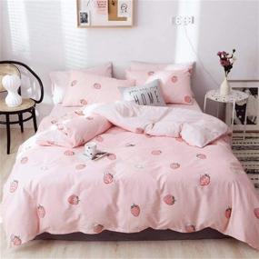 img 4 attached to 🍓 Full Queen Girls Bedding Set - VM VOUGEMARKET Pink Strawberry Duvet Cover with Reversible Stripes, Cute Fruit Print, and 2 Pillowcases