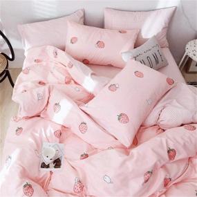 img 3 attached to 🍓 Full Queen Girls Bedding Set - VM VOUGEMARKET Pink Strawberry Duvet Cover with Reversible Stripes, Cute Fruit Print, and 2 Pillowcases
