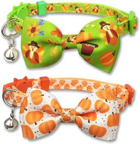 img 4 attached to 2 Pack Thanksgiving Removable Bow Tie and Bell for Cats - Holiday Turkey Pumpkin Kitty Kitten Breakaway Collar, Adjustable Size 7.8-12.8 inches