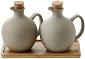 img 4 attached to 🍶 Bohemian Style Stoneware Oil and Vinegar Dispenser Set - Elegant Grey Ceramic Porcelain Olive Oil Cruet with Spout for Kitchen