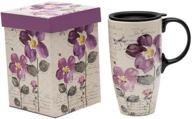 🌺 topadorn tall ceramic travel mug with sealed lid - 17 oz coffee cup, purple flower design logo