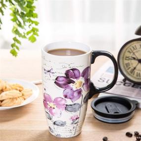 img 2 attached to 🌺 Topadorn Tall Ceramic Travel Mug with Sealed Lid - 17 oz Coffee Cup, Purple Flower Design