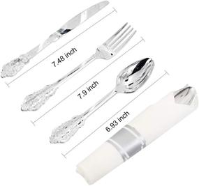 img 3 attached to 🍽️ WELLIFE 50 Pack Pre Rolled Napkins with Silver Plastic Cutlery Set, Elegant Disposable Silverware Includes: 50 Silver Knives, 50 Silver Forks, 50 Silver Spoons, 50 White Napkins