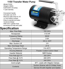 img 3 attached to 💧 Black Water Transfer Pump 115V 1/10 HP 330 GPH with 3/4 inch Ports, Suction Hose, Spare Impeller - Electric Utility Pump