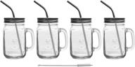 🍹 mason jar glass mugs with handles and metal straws, set of 4 - brimley 16oz drinking glasses logo