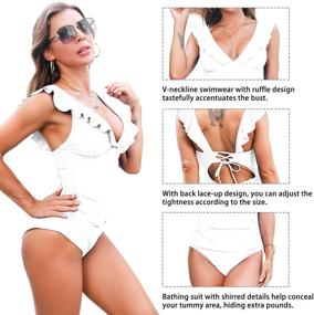 img 1 attached to Stylish Annbon Women's V-Neck One Piece Swimsuit with Tummy Control and Ruffled Design - Chic Lace Up Swimwear for Flattering Beach Style