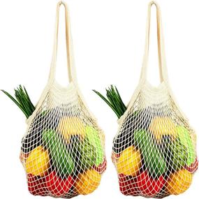 img 4 attached to 🛍️ Top-Quality [2 Pack] Mesh Grocery Bags | Reusable Produce Bags | Long Handle Net Tote Bags | 100% Cotton String Bags | Fruit and Vegetable Bags, Beige