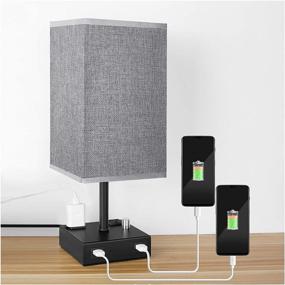 img 4 attached to Convenient USB Bedside Table Lamp with Dual Charging Ports & Power Outlet - Stylish Metal Base, Grey Linen Shade - Perfect for Bedroom, Living Room, Office (Includes LED Bulb)