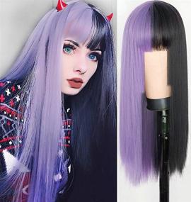 img 3 attached to 🖤 Парики Beweig Half Purple Half Black: выразительные парики с разделением цвета для женщин с челкой - идеально подходят для косплея, Хэллоуина и вечеринок