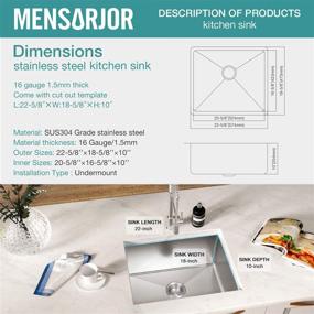 img 1 attached to 🚰 Premium Quality MENSARJOR Undermount Kitchen Sink - 16 Gauge Single Bowl SUS304 Stainless Steel (22.6 X 18 X 10)