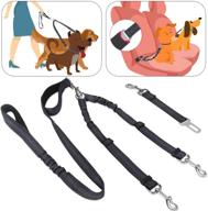 slowton double dog leash with car seat belt - dual use pet walking leash and safety 🐶 seatbelt for two dog vehicle trips - 360°swivel tangle free adjustable lead with elastic bungee and reflective stripe logo