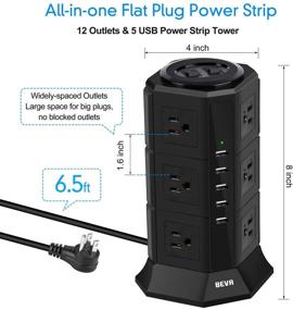 img 1 attached to 🔌 BEVA Power Strip Tower – Flat Plug Surge Protector with 12 AC Outlets, 5 USB Ports, 1050 Joules, 15A/1875W, Multi Protection, 6ft Long Cord Extension Cable – Ideal for Home Office [ETL Listed]