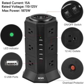 img 2 attached to 🔌 BEVA Power Strip Tower – Flat Plug Surge Protector with 12 AC Outlets, 5 USB Ports, 1050 Joules, 15A/1875W, Multi Protection, 6ft Long Cord Extension Cable – Ideal for Home Office [ETL Listed]