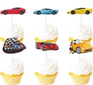 🏎️ 18pcs glitter race car dessert cupcake toppers: perfect baby shower and birthday party decor supplies with a theme of happy birthday logo