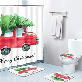 img 4 attached to 🎄 Britimes Christmas Shower Curtain Set with Hooks - Watercolor Red Car Theme, Non-Slip Rugs, Toilet Lid Cover, and Bath Mat - Durable, Waterproof Bathroom Decor Set, 72" x 72