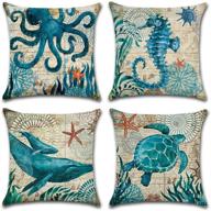 🐠 set of 4 ocean theme pillow covers - 18x18in, coastal beach decor, outdoor cushions, seashell throw pillow covers for couch, sofa, bed (insert not included) – turtle, seahorse, whale, octopus логотип