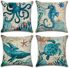 img 4 attached to 🐠 Set of 4 Ocean Theme Pillow Covers - 18x18in, Coastal Beach Decor, Outdoor Cushions, Seashell Throw Pillow Covers for Couch, Sofa, Bed (Insert not included) – Turtle, Seahorse, Whale, Octopus