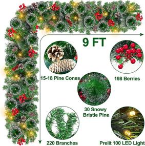 img 3 attached to 🎄 TURNMEON 9-Foot 100-Light Prelit Christmas Garland Decoration with Timer, 8 Modes, 198 Red Berries, Pinecones, & 30 Snowy Bristle Pine - Battery Operated Indoor Home Mantle Fireplace Christmas Decor