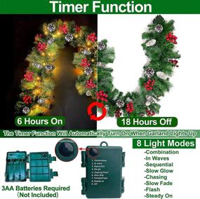 img 1 attached to 🎄 TURNMEON 9-Foot 100-Light Prelit Christmas Garland Decoration with Timer, 8 Modes, 198 Red Berries, Pinecones, & 30 Snowy Bristle Pine - Battery Operated Indoor Home Mantle Fireplace Christmas Decor