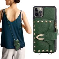 📱 zve wallet case for iphone 12 pro max - rivet zipper card slot holder wrist strap crossbody shoulder chain leather handbag purse, 6.7 inch - dark green (compatible) logo