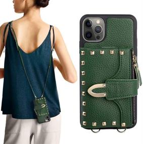 img 4 attached to 📱 ZVE Wallet Case for iPhone 12 Pro Max - Rivet Zipper Card Slot Holder Wrist Strap Crossbody Shoulder Chain Leather Handbag Purse, 6.7 inch - Dark Green (Compatible)