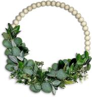 🏡 zikra home 15-inch wooden beads and eucalyptus wreath - versatile indoor/outdoor farmhouse wreaths for front door decoration - rustic country wooden beads for boho wall art логотип