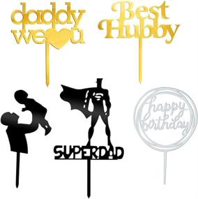 img 1 attached to 🎂 Super Dad 5-PCS Birthday Cake Topper Set: Surprise Gift for Men, Super Hero Cake Decorations for Father's Day, Him | Gold & Silver Cake Toppers