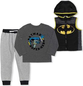 img 4 attached to 🦇 Ultimate Batman Superhero Outfit: Warner Bros Boy's 3-Piece Vest Set with Jogger Pants & Long Sleeve Shirt