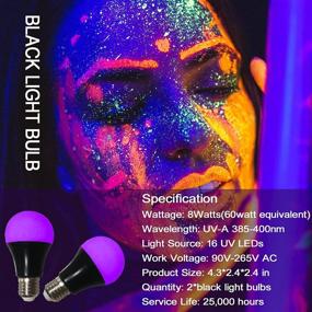 img 3 attached to 🔦 Enhance Glow in the Dark Fun with UV LED Black Light Bulbs - 2 Pack A19 E26 8W, UVA Level 385-400nm, Ideal for Parties, Body Paint, Fluorescent Posters & Pet Stains