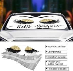 img 1 attached to 💫 Glamorous Gold Glittering Eyelash Sunshade: Keep Your Vehicle Cool with Hello Gorgeous Car Front Windshield Shade, Block Summer UV Rays, Folding Sun Visor Shield - 51x27.5 in