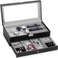 📦 tomcare upgraded watch box and jewelry organizer with lockable glass top and pu leather – black, for men and women: watch case, jewelry display, sunglasses and earrings storage drawer логотип