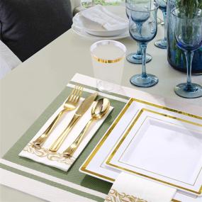 img 1 attached to FOCUSLINE 350 Piece Square Dinnerware Set with Gold Rim: Elegant 🍽️ Disposable Dinner Plates, Dessert Plates, Cups, and Napkins - Perfect for 50 Guests