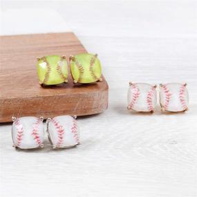 img 2 attached to 💎 Glittered Cushion Cut Square Stud Earrings with Opalescent Faux Pearl Shell, Plaid Check Houndstooth, and Sports Print Baseball Basketball