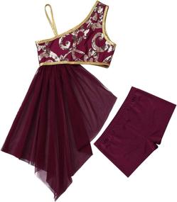 img 3 attached to inhzoy Kids Girls Lyrical Dancewear Costume: Floral Overlay 👯 Sequins Ballet Dance Asymmetrical Skirt with Shorts – Perfect for Performances