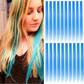 img 3 attached to 🌈 20PCS Light Blue Clip-in Hair Extensions for Kids - 22'' Colored Straight Hair Extensions with Highlights - Ideal for Kid's Party Hairpieces