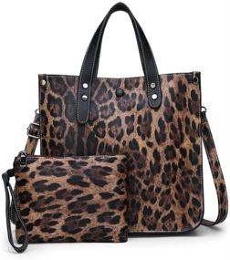 img 2 attached to 👜 2PCS/Set Women's Leopard Animal Print PU Leather Handbag, Lady Shoulder Bags, Tote Purse Messenger Satchel Set (Brown)