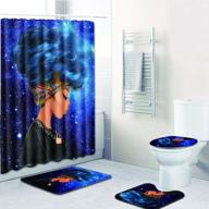 🎨 creative colorful print toilet pad cover bath mat shower curtain set for bathroom decor (4 pcs set) - african woman blue hair galaxy design logo