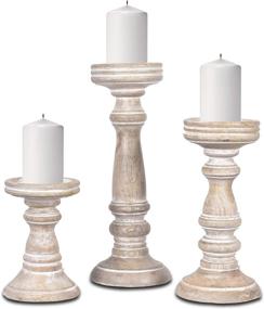 img 4 attached to Rustic Mango Wood Pillar Candle Holders - Set of 3 Whitewashed Candle Holders for Cozy Home Décor